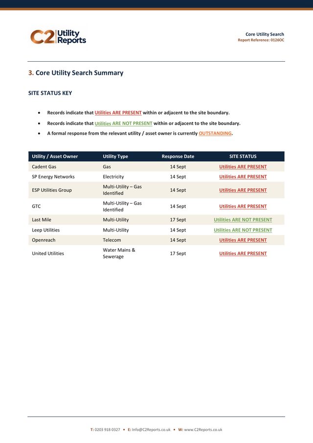 Sample Core Utility Search summary page with site status for each asset owner